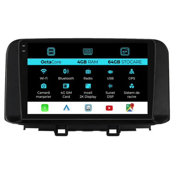 Navigatie Dedicata Hyundai Kona (2017-2023), 2K, 4Gb Ram, 64Gb Stocare, Carplay