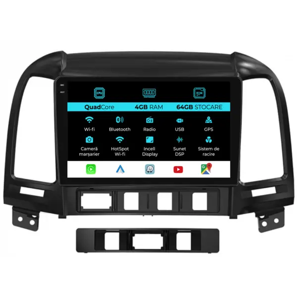 Navigatie Dedicata Hyundai Santa Fe (2005-2012), QuadCore, 9 Inch, 4Gb Ram, 64Gb Stocare, Android Auto, Carplay