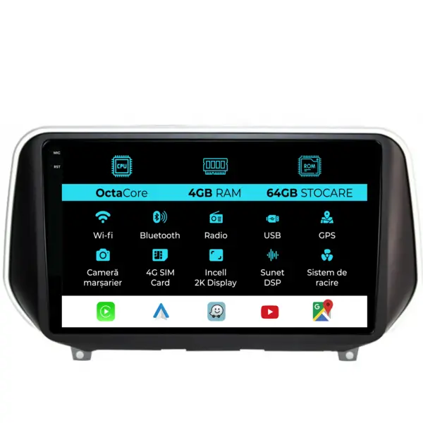 Navigatie Dedicata Hyundai SantaFe (2018-2024), 2K, 4Gb Ram, 64Gb Stocare, Carplay