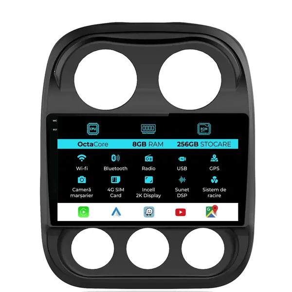 Navigatie Dedicata Jeep Compass (2006-2010), 2K, 8Gb Ram, 256Gb Stocare, Android Auto, Carplay