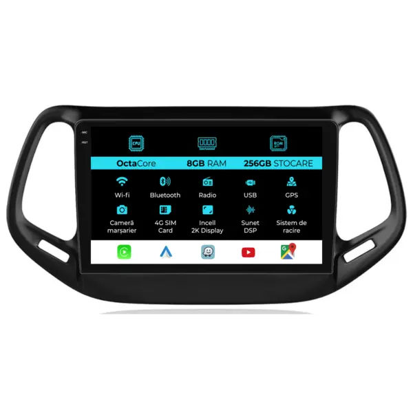 Navigatie Dedicata Jeep Compass (2010-2016), 2K, 8Gb Ram, 256Gb Stocare, Android Auto, Carplay