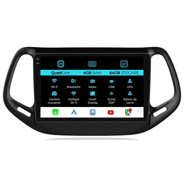 Navigatie Dedicata Jeep Compass (2010-2016), QuadCore, 10 Inch, 4Gb Ram, 64Gb Stocare, Android Auto, Carplay