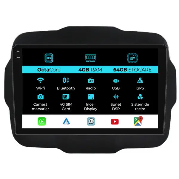Navigatie Dedicata Jeep Renegade (2016-2020), 9 Inch, 4Gb Ram, 64Gb Stocare, Android Auto, Carplay