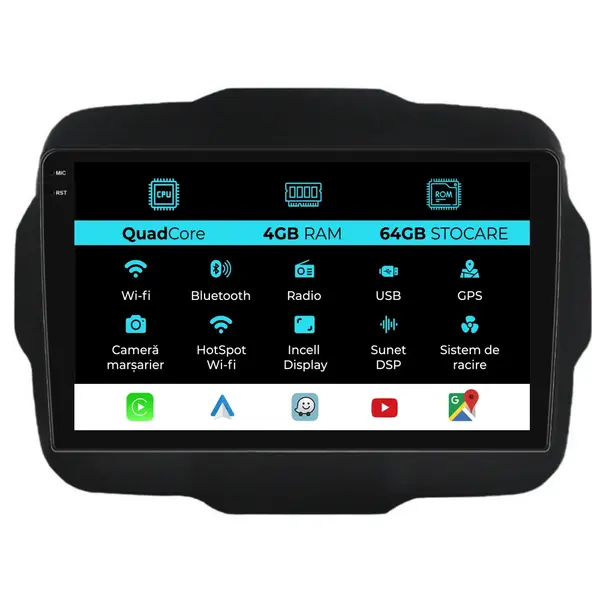 Navigatie Dedicata Jeep Renegade (2016-2020), QuadCore, 9 Inch, 4Gb Ram, 64Gb Stocare, Android Auto, Carplay
