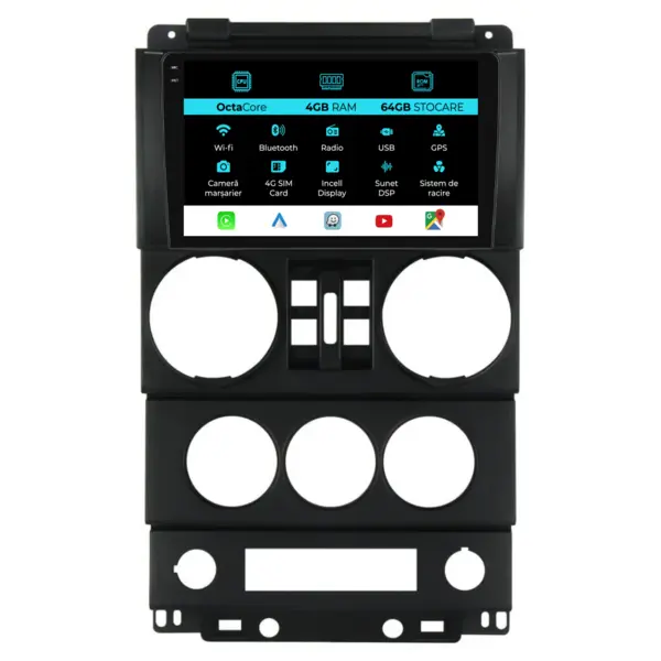 Navigatie Dedicata Jeep Wrangler Rubicon (2008-2010), 9 Inch, 4Gb Ram, 64Gb Stocare, Android Auto, Carplay