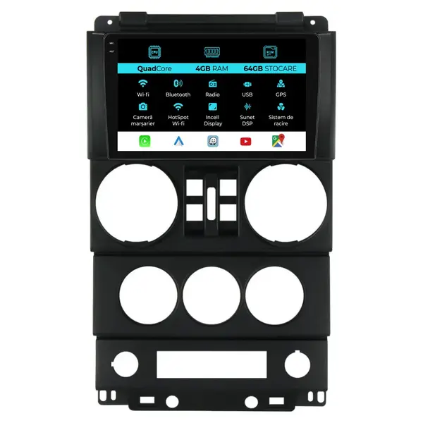 Navigatie Dedicata Jeep Wrangler Rubicon (2008-2010),QuadCore, 9Inch, 4Gb Ram, 64Gb Stocare, Carplay