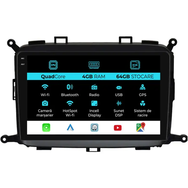 Navigatie Dedicata Kia Carens (2012-2017), QuadCore, 9 Inch, 4Gb Ram, 64Gb Stocare, Android Auto, Carplay