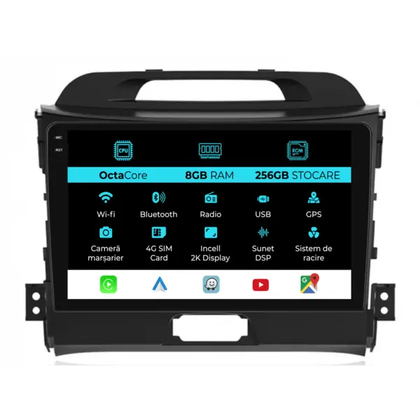 Navigatie Dedicata Kia Sportage (2010 - 2015), 2K, 8Gb Ram, 256Gb Stocare, Android Auto, Carplay