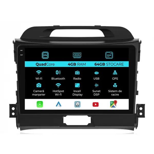Navigatie Dedicata Kia Sportage (2010 - 2015), QuadCore, 9 Inch, 4Gb Ram, 64Gb Stocare, Android Auto, Carplay