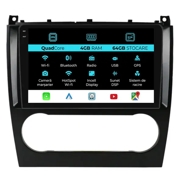 Navigatie Dedicata Mercedes C-Class W203 CLK W209 (2005 - 2009),QuadCore, 9Inch, 4Gb Ram, 64Gb Stocare, Carplay