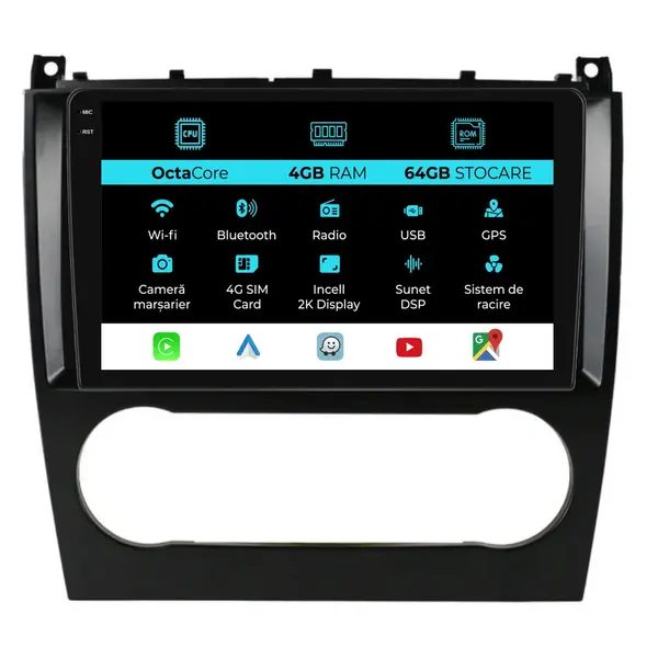 Navigatie Dedicata Mercedes C-Class W203 CLK W209 (2005 - 2009), 2K, 4Gb Ram, 64Gb Stocare, Carplay