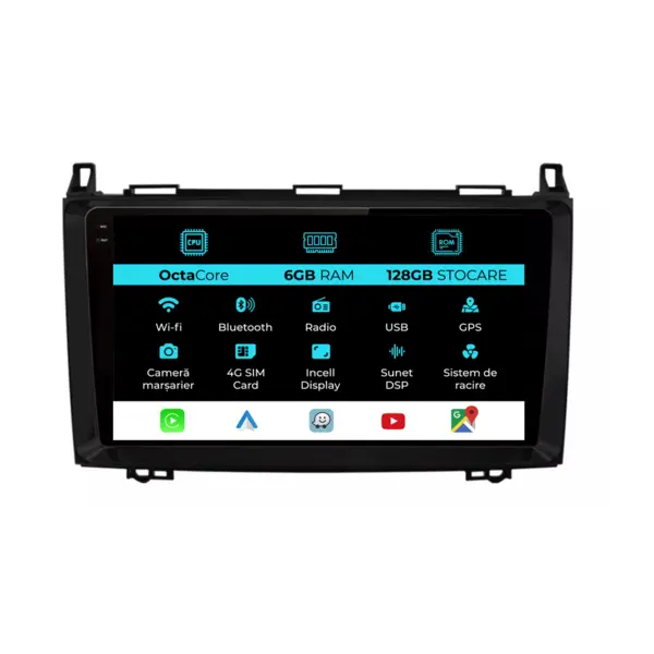 Navigatie Dedicata Mercedes Vito Sprinter Viano B200 A B Class (2005-2012), 9Inch, 6Gb Ram, 128Gb Stocare, Carplay