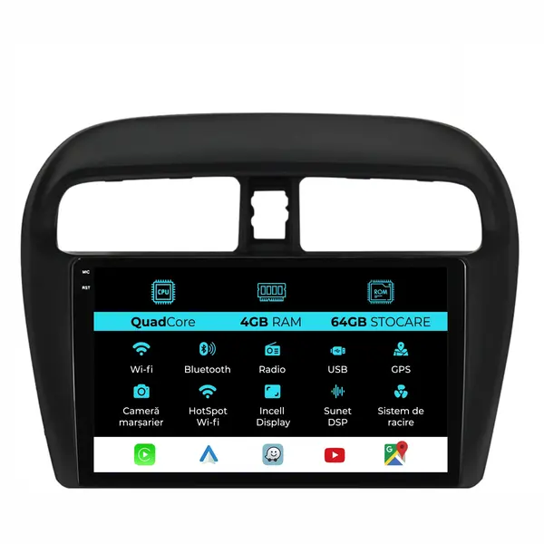Navigatie Dedicata Mitsubishi Attrage Mirage Space Star (2012-2024),QuadCore, 9Inch, 4Gb Ram, 64Gb Stocare, Carplay