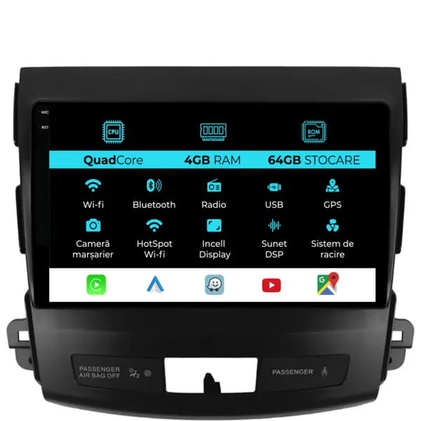 Navigatie Dedicata Mitsubishi Outlander (2005-2011),QuadCore, 9Inch, 4Gb Ram, 64Gb Stocare, Carplay