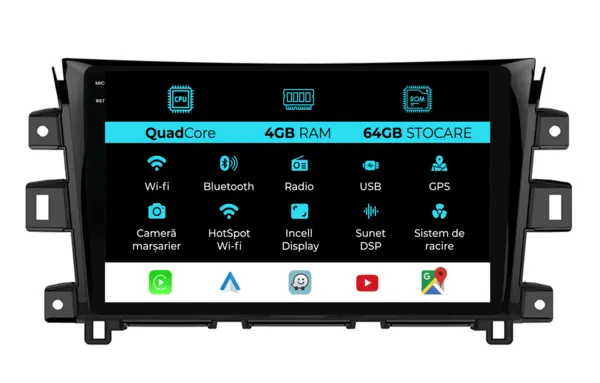 Navigatie Dedicata Nissan Navara (2015 - 2023), QuadCore, 10 Inch, 4Gb Ram, 64Gb Stocare, Android Auto, Carplay