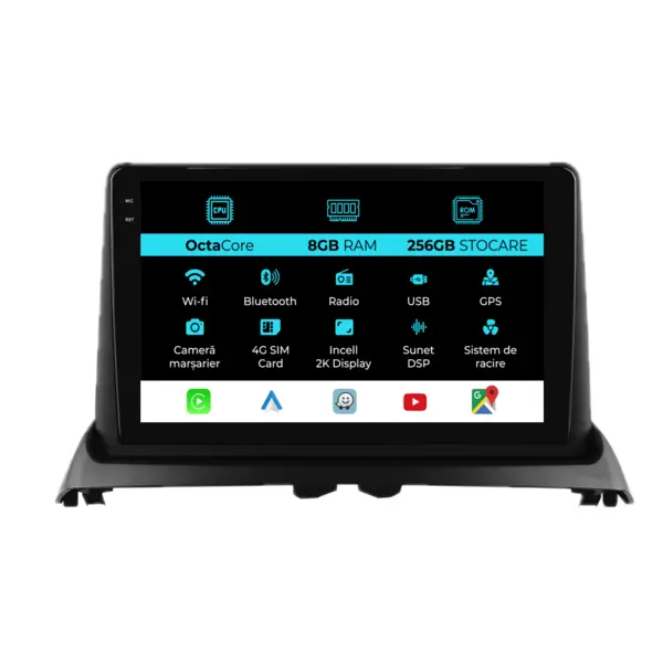 Navigatie Dedicata Renault Clio 2 (1998-2012), 9 Inch, 8Gb Ram, 256Gb Stocare, Android Auto, Carplay