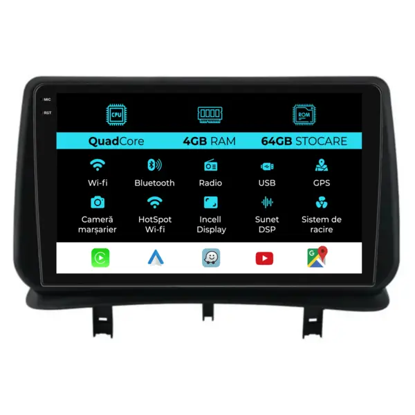 Navigatie Dedicata Renault Clio 3 (2005-2014),QuadCore, 9Inch, 4Gb Ram, 64Gb Stocare, Carplay