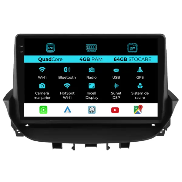 Navigatie Dedicata Renault Laguna (2001 - 2007), QuadCore, 9 Inch, 4Gb Ram, 64Gb Stocare, Android Auto, Carplay