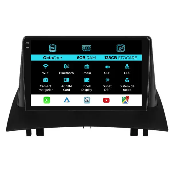 Navigatie Dedicata Renault Megane 2 (2002 - 2009), 9 Inch, 6Gb Ram, 128Gb Stocare, Android Auto, Carplay