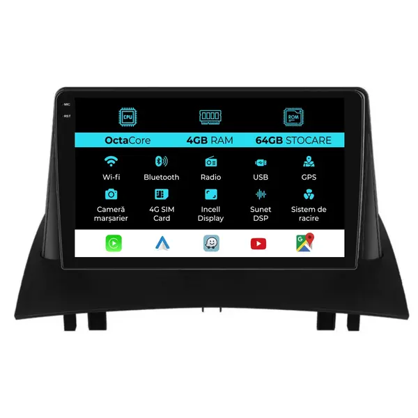 Navigatie Dedicata Renault Megane 2 (2002-2009), 9Inch, 4Gb Ram, 64Gb stocare, Carplay