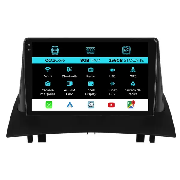 Navigatie Dedicata Renault Megane 2 (2002-2009), 9Inch, 8Gb Ram, 256Gb stocare, Carplay