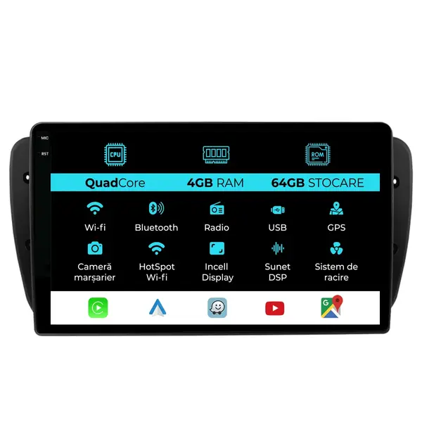 Navigatie Dedicata Seat Ibiza (2008-2016),QuadCore, 9Inch 4Gb Ram, 64Gb Stocare, Carplay