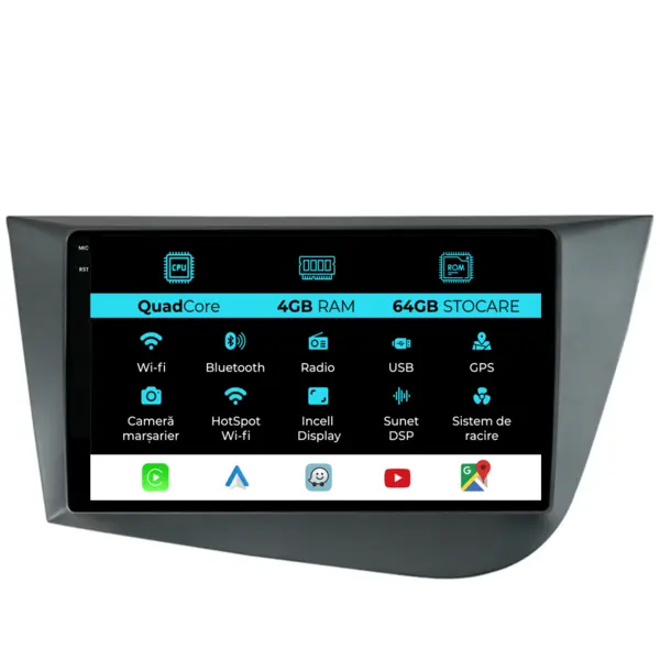 Navigatie Dedicata Seat Leon (2005 - 2012), QuadCore, 9 Inch, 4Gb Ram, 64Gb Stocare, Android Auto, Carplay
