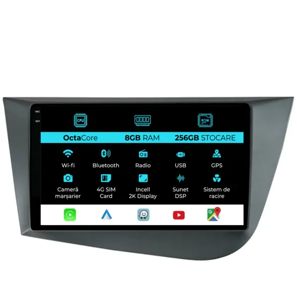 Navigatie Dedicata Seat Leon Mk2 (2005-2012), 2K, 8Gb Ram, 256Gb Stocare, Carplay