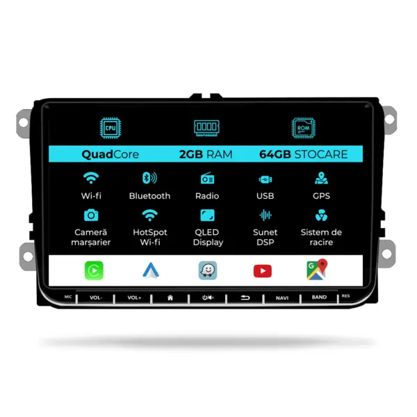 Navigatie Dedicata Skoda, Android, 9Inch, 2Gb Ram, 64Gb stocare, Bluetooth, WiFi, Apple Carplay Android Auto