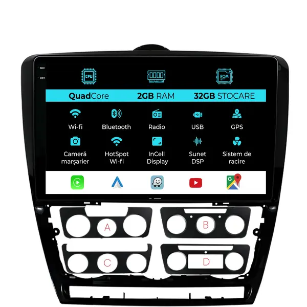 Navigatie Dedicata Skoda Octavia 2 (2004 - 2013), 10 Inch, 2Gb Ram, 32Gb Stocare, Android Auto, Carplay