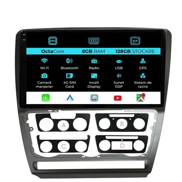 Navigatie Dedicata Skoda Octavia 2 (2004 - 2013), 10 Inch, 6Gb Ram, 128Gb Stocare, Android Auto, Carplay