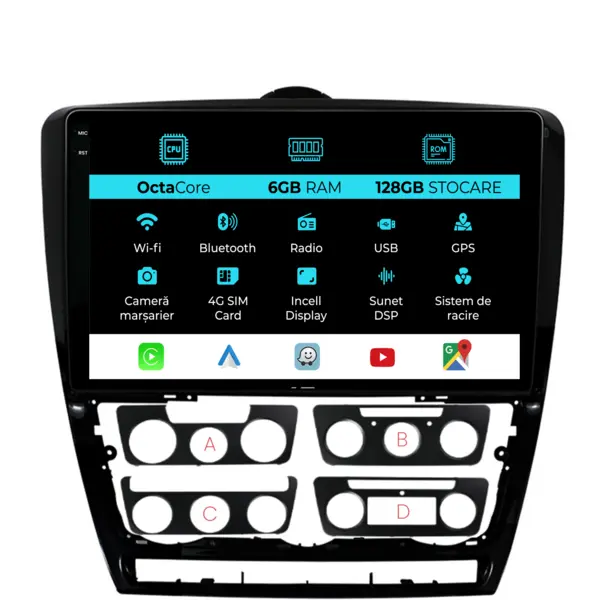 Navigatie Dedicata Skoda Octavia 2 (2004 - 2013), 10 Inch, 6Gb Ram, 128Gb Stocare, Android Auto, Carplay