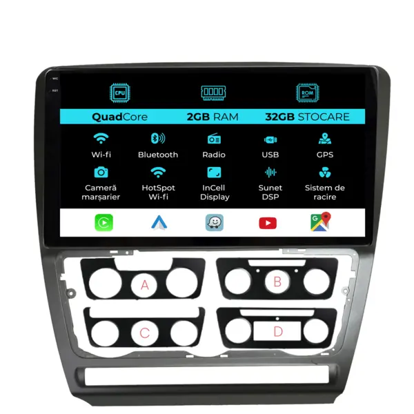 Navigatie Dedicata Skoda Octavia 2 (2004-2013), 10Inch, 2Gb Ram, 32Gb Stocare, Carplay