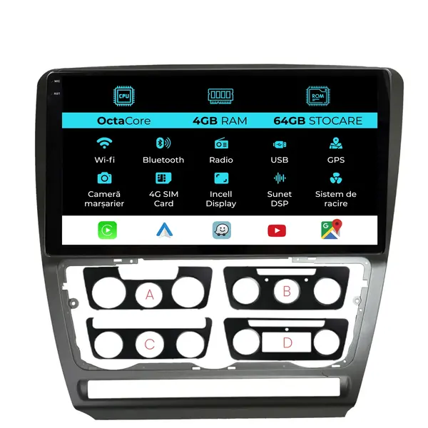 Navigatie Dedicata Skoda Octavia 2 (2004-2013), 10Inch, 4Gb Ram, 64Gb Stocare, Carplay
