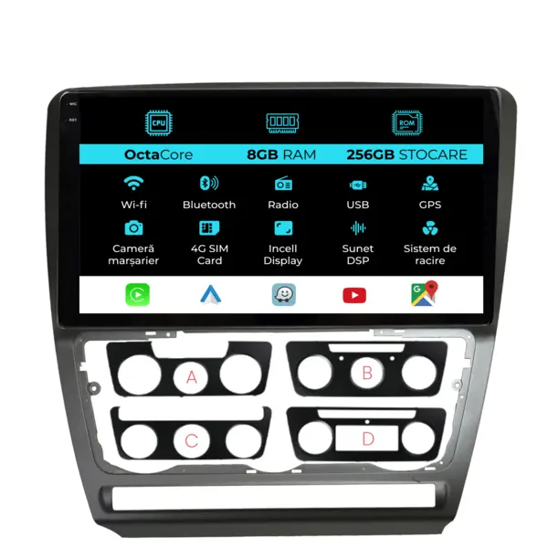 Navigatie Dedicata Skoda Octavia 2 (2004-2013), 10Inch, 8Gb Ram, 256Gb Stocare, Carplay