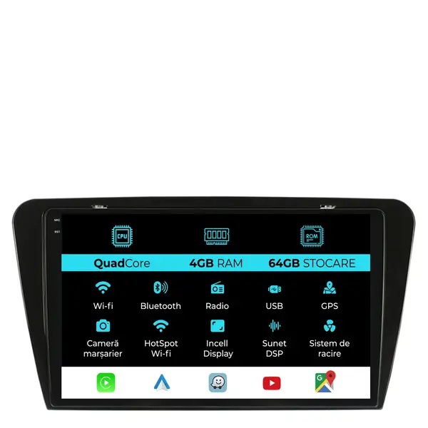 Navigatie Dedicata Skoda Octavia 3 (2013-2018), 10Inch,QuadCore, 4Gb Ram, 64Gb Stocare, Carplay