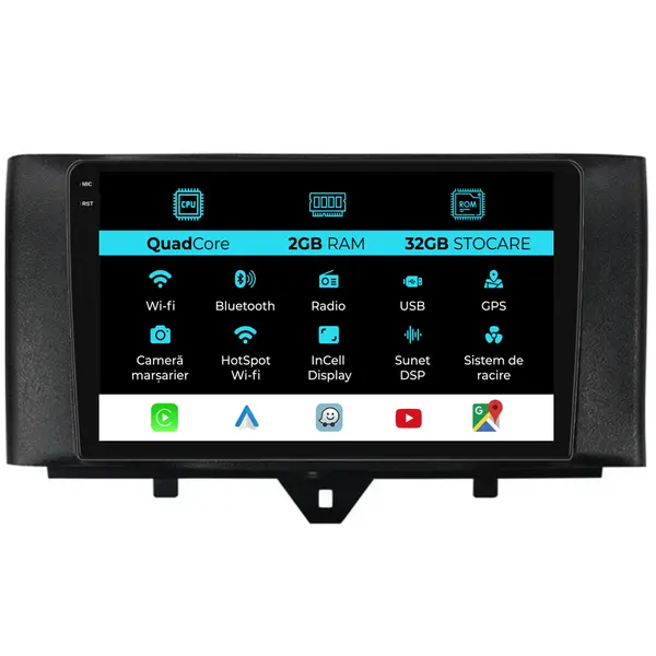 Navigatie Dedicata Smart For Four (2010 - 2015), 9 Inch, 2Gb Ram, 32Gb Stocare, Android Auto, Carplay
