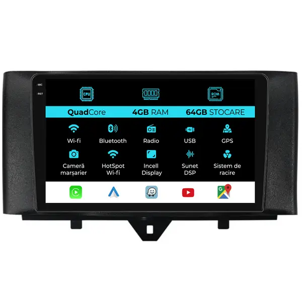 Navigatie Dedicata Smart For Four (2010 - 2015), QuadCore, 9 Inch, 4Gb Ram, 64Gb Stocare, Android Auto, Carplay