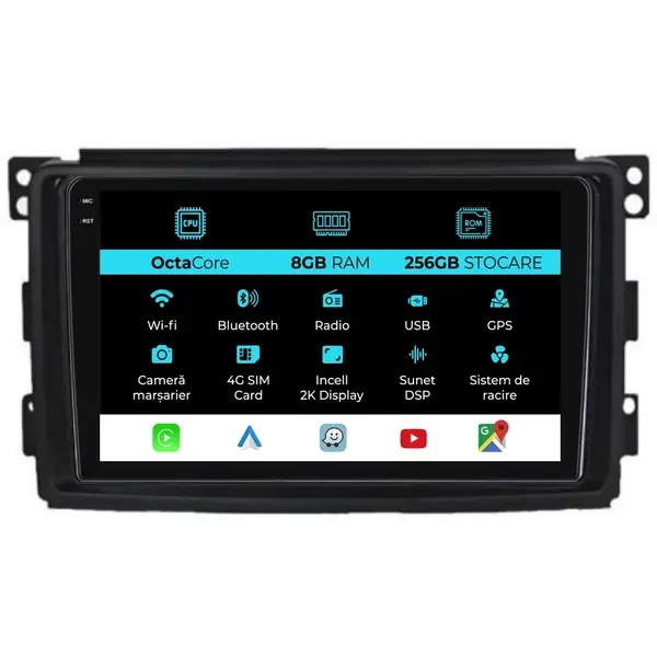 Navigatie Dedicata Smart For Two (2005-2010) For Four (2005-2010), 2K, 8Gb Ram, 256Gb stocare, Carplay