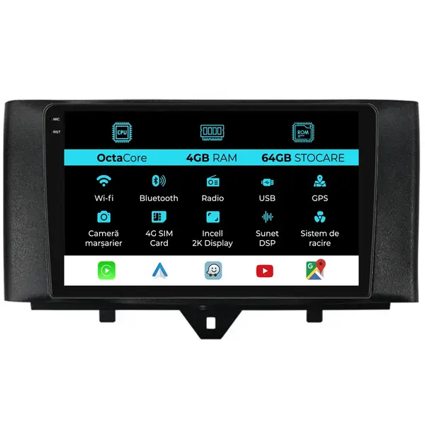 Navigatie Dedicata Smart For Two (2010-2015) For Four (2010-2015), 2K, 4Gb Ram, 64Gb stocare, Carplay
