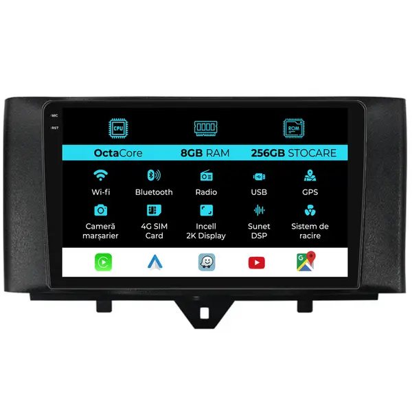 Navigatie Dedicata Smart For Two (2010-2015) For Four (2010-2015), 2K, 8Gb Ram, 256Gb stocare, Carplay