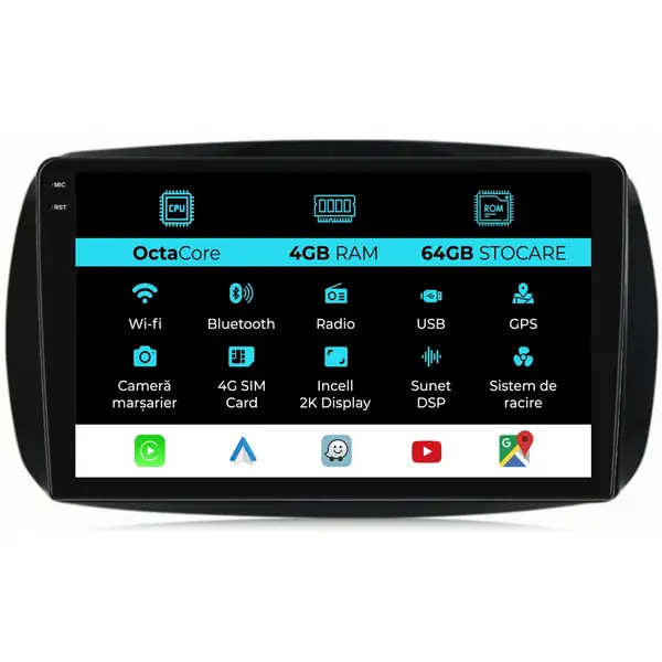 Navigatie Dedicata Smart For Two (2016-2021) For Four (2016-2021), 2K, 4Gb Ram, 64Gb stocare, Carplay