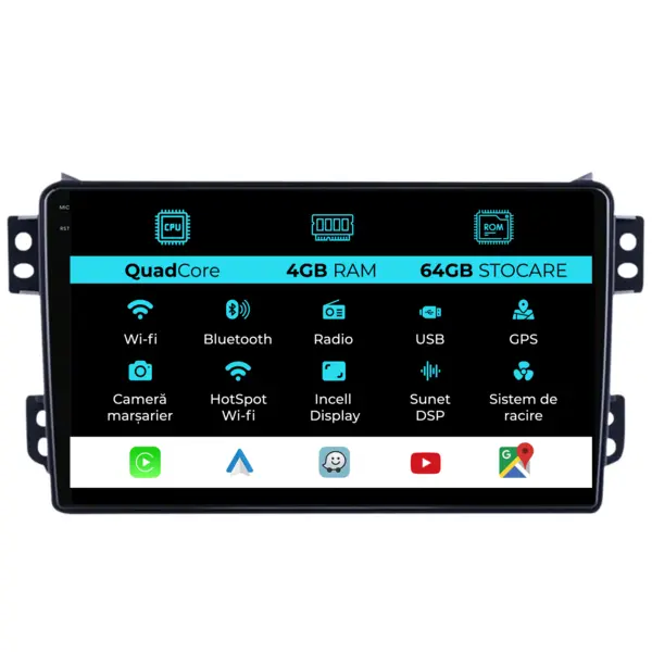 Navigatie Dedicata Suzuki Splash (2007-2014),QuadCore, 9Inch, 4Gb Ram, 64Gb Stocare, Carplay