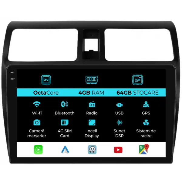 Navigatie Dedicata Suzuki Swift (2003-2010), 10Inch, 4Gb Ram, 64Gb Stocare, Carplay