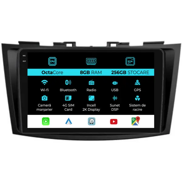 Navigatie Dedicata Suzuki Swift (2003 - 2010), 2K, 8Gb Ram, 256Gb Stocare, Android Auto, Carplay