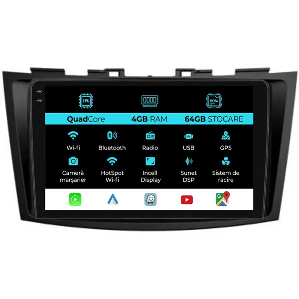 Navigatie Dedicata Suzuki Swift (2010-2017),QuadCore, 9Inch, 4Gb Ram, 64Gb Stocare, Carplay