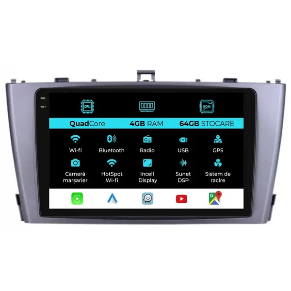 Navigatie Dedicata Toyota Avensis (2008 - 2015), QuadCore, 9 Inch, 4Gb Ram, 64Gb Stocare, Android Auto, Carplay