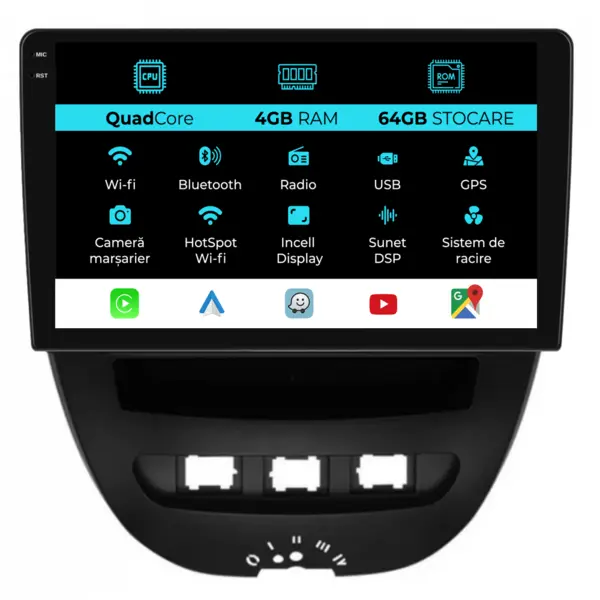 Navigatie Dedicata Toyota Aygo (2005 - 2014), QuadCore, 10 Inch, 4Gb Ram, 64Gb Stocare, Android Auto, Carplay