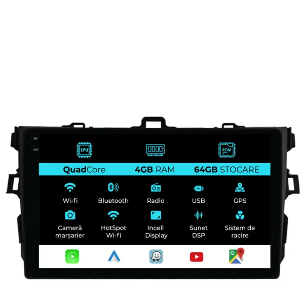 Navigatie Dedicata Toyota Corolla (2006 - 2013), QuadCore, 9 Inch, 4Gb Ram, 64Gb Stocare, Android Auto, Carplay
