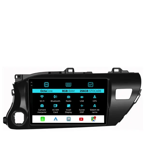 Navigatie Dedicata Toyota Hilux 2015+, 10 Inch, 8Gb Ram, 256Gb Stocare, Android Auto, Carplay